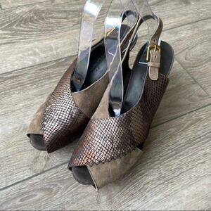 Henry Beguelin Snakeskin Embossed Leather Peep  Toe Wood Heel Platform Sandals